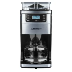 MEDION MD 15486 Kaffeemaschine Mit Mahlwerk Und Glaskanne, Wassertank: 1,5 Liter, 8 Mahlstufen, Max. 1050 Watt, Silber, Edelstahl