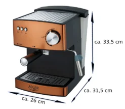 Adler Espressomaschine | Kaffeemaschine | Milchaufschäumer | Cappuccinomaschine | Siebträger Espressomaschine | Elektrische Espressomaschine | Bronze Design | 1,6L Wassertank | 850 Watt |15 Bar | -Kaffeemaschinenladen 48175b22c2224aae488c5e277dbdc754