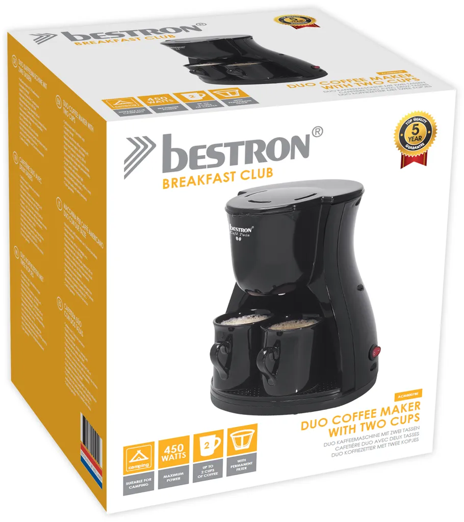 Bestron Duo-Kaffeemaschine Inkl. 2 Tassen, Für Gemahlenen Filterkaffee, 450 Watt, Schwarz 2 Bestron Duo-Kaffeemaschine Inkl. 2 Tassen, Für Gemahlenen Filterkaffee, 450 Watt, Schwarz – Bild 2
