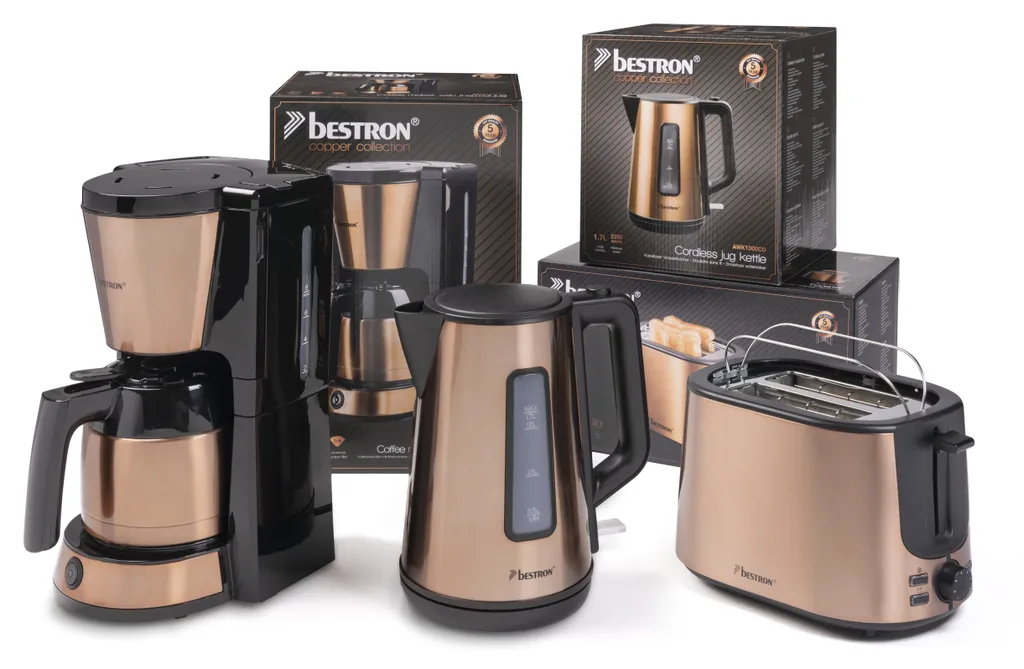 Bestron Filter-Kaffeemaschine Für 8 Tassen Kaffee, Inkl. 1L Thermokanne + Toaster Mit 2 Röstkammern + Wasserkocher Mit 360° Basis, Vorteilspaket Der Copper Collection, Farbe: Kupfer 1 Bestron Filter-Kaffeemaschine Für 8 Tassen Kaffee, Inkl. 1L Thermokanne + Toaster Mit 2 Röstkammern + Wasserkocher Mit 360° Basis, Vorteilspaket Der Copper Collection, Farbe: Kupfer