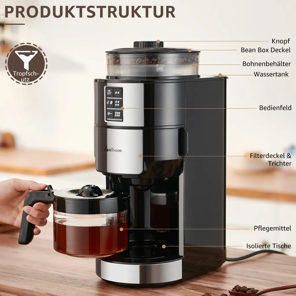 Kompakte Kaffeemaschinen Mit Mahlwerk Filterkaffeemaschine Kaffeemaschine Mit Mühle Für Bohnenkaffee Und Kaffeepulver 2/4/6 Tassen, Schwarz 7 Kompakte Kaffeemaschinen Mit Mahlwerk Filterkaffeemaschine Kaffeemaschine Mit Mühle Für Bohnenkaffee Und Kaffeepulver 2/4/6 Tassen, Schwarz – Bild 7