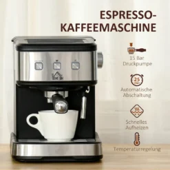 HOMCOM Espressomaschine Kaffeemaschine Aus Edelstahl Siebträgermaschine Mit Milchschäumer 1,5L Wassertank 15 Bar Für Espresso Cappuccino Latte Milchkaffee 850 W -Kaffeemaschinenladen fb6419838dfd6ba67ba6df6552d28350